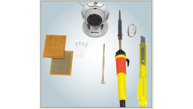 A web camera, a screw driver, a knife or a  needle, some IR LEDs, a solder iron, some  solder wire, some regular wire, an AC-DC  voltage adapter or batteries and veroboard/ general purpose PCB (optional)