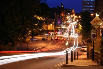 Image of vehicle headlights at night